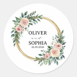 Personalized Wedding Favour Floral Gold Wreath Classic Round Sticker