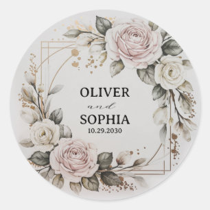 Personalized Wedding Favour Floral Gold Wreath Classic Round Sticker