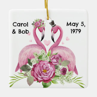 Personalized Wedding Flamingos Couples Ceramic Ornament