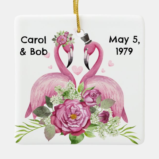 Personalized Wedding Flamingos Couples Ceramic Ornament (Front)