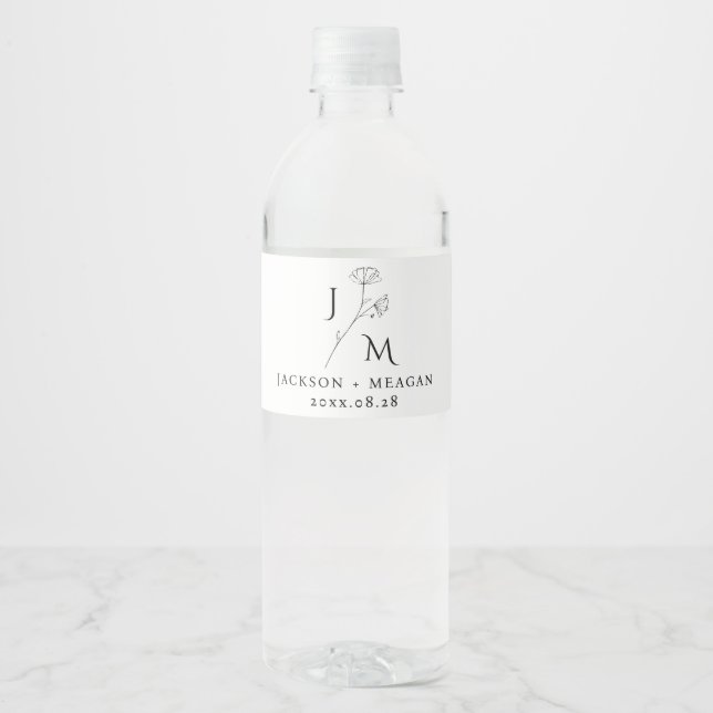 Personalized Wedding Floral Monogram  Water Bottle Label (Front)
