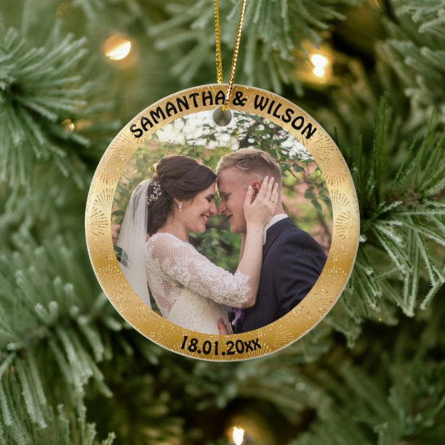  Personalized Wedding | Glittery Gold Background Ceramic Ornament (Tree)