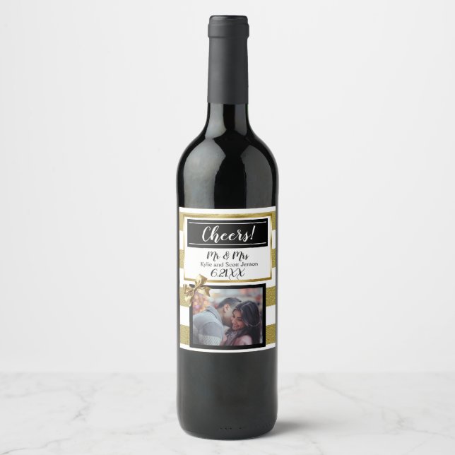 Personalized Wedding Gold and Black Bow Wine Label (Front)