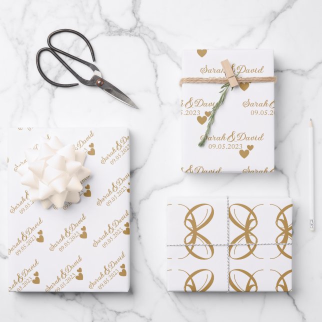 Personalized Wedding Gold Hearts Wrapping Paper Sheet (Front)