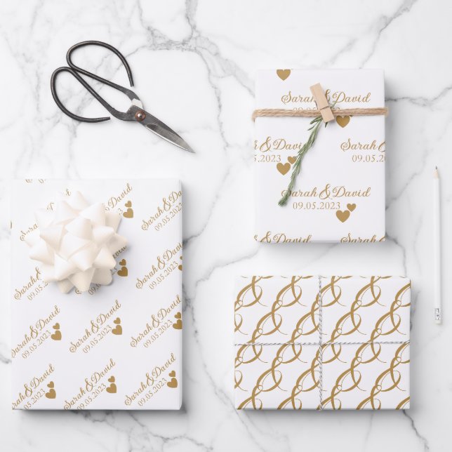 Personalized Wedding Gold Hearts Wrapping Paper Sheet (Front)