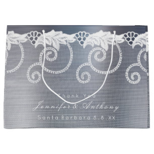Personalized Wedding Grey Graphite White Lace Large Gift Bag