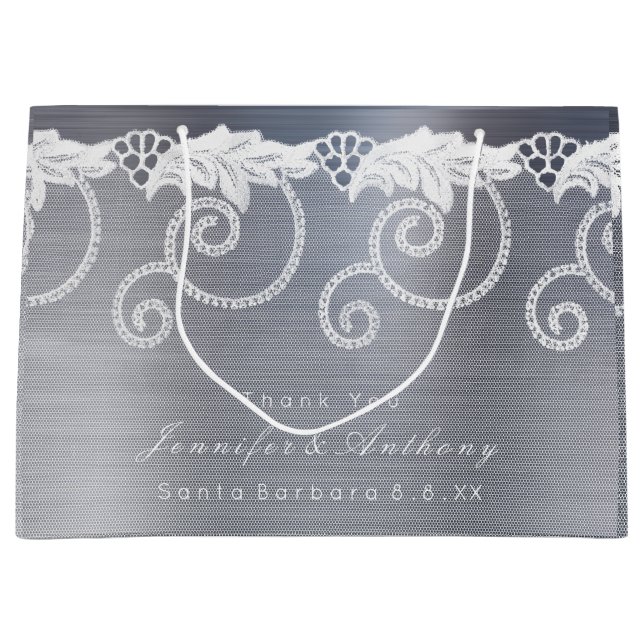 Personalized Wedding Grey Graphite White Lace Large Gift Bag (Front)