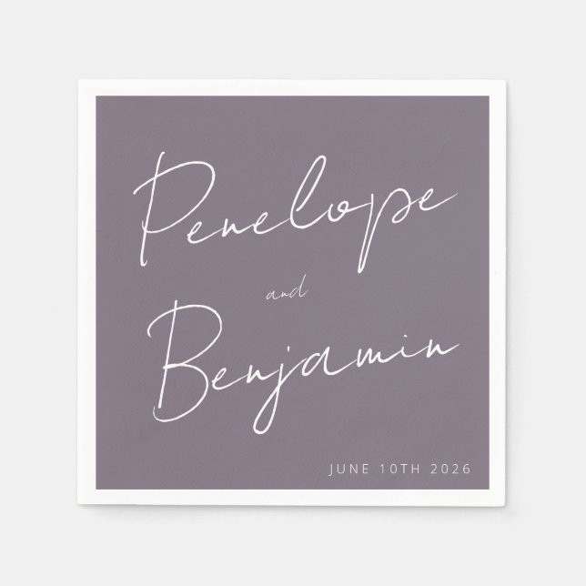 Personalized Wedding Handwritten Script Purple Napkin (Front)