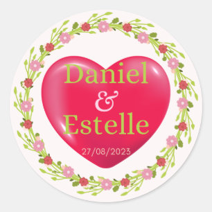 Personalized Wedding Heart Sticker with Floral Wre