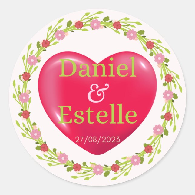 Personalized Wedding Heart Sticker with Floral Wre (Front)