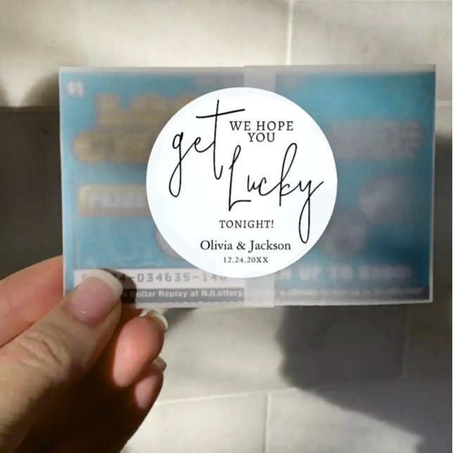 Personalized Wedding Lottery Ticket Couple Name Classic Round Sticker (Modern wedding couple name with date lottery sticker)