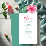 Personalized Wedding Menu Cards Tropical Hibiscus<br><div class="desc">These personalized wedding menu cards features a unique watercolor hibiscus flower and monstera palm leaf in shades of vibrant pink and green. The card reverses to a matching colour. Use the template fields to DIY your custom wedding dinner menu. An tropical island chic choice for tropical destination weddings, a bridal...</div>