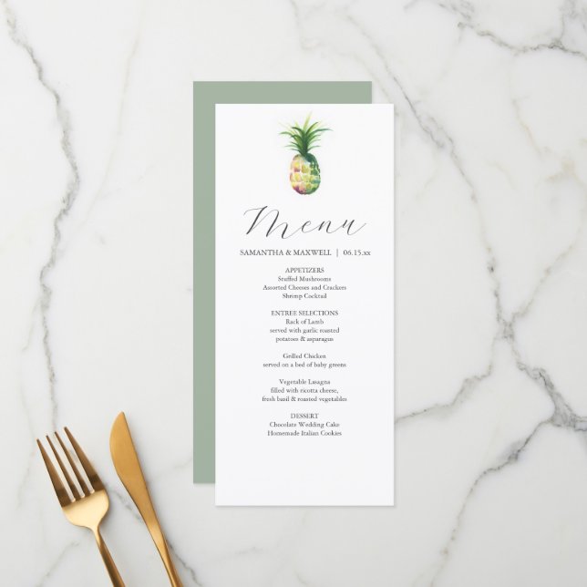 Personalized Wedding Menu Cards Tropical Pineapple (Front/Back In Situ)