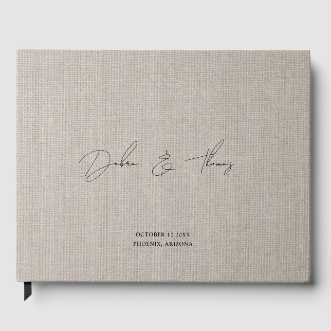 Personalized Wedding Modern Minimalist Faux Linen Guest Book (Front)