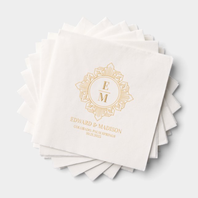 Personalized Wedding Monogram Art Deco Frame Foil Napkins (Insitu (Stacked))