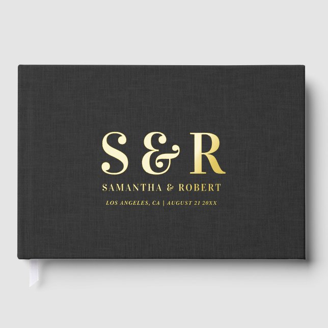 Personalized Wedding Monogram Black Linen Guest Book (Front)