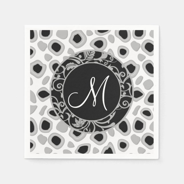 Personalized Wedding Monogram Black White Grey Napkin (Front)