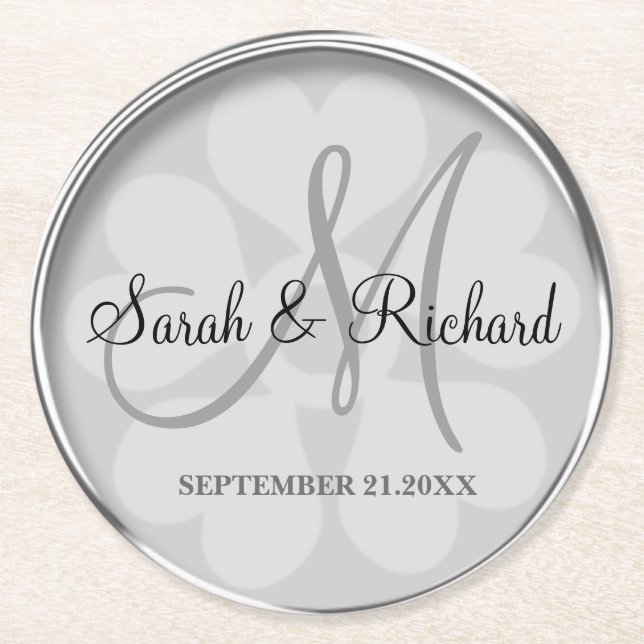 Personalized Wedding Monogram Stylish Silver Round Paper Coaster (Front)