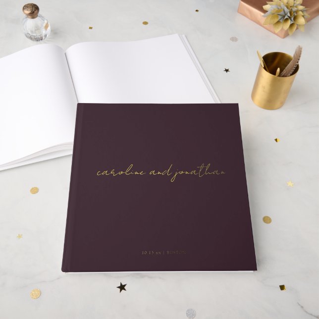 Personalized Wedding Name Dark Plum Elegant Guest Book (Front Open)