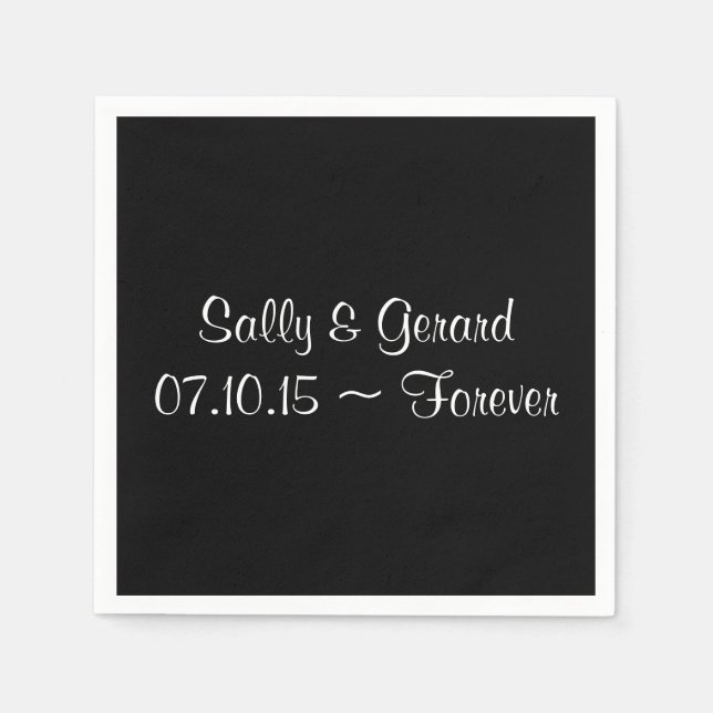 Personalized Wedding Napkin Black Back White Text (Front)