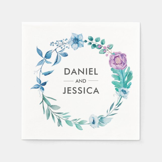 Personalized Wedding Napkin | blue purple flowers (Front)