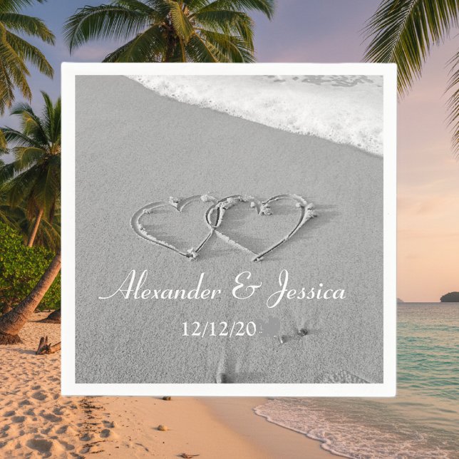 Personalized wedding napkins | drawn heart in sand (hearts in the sand napkins)