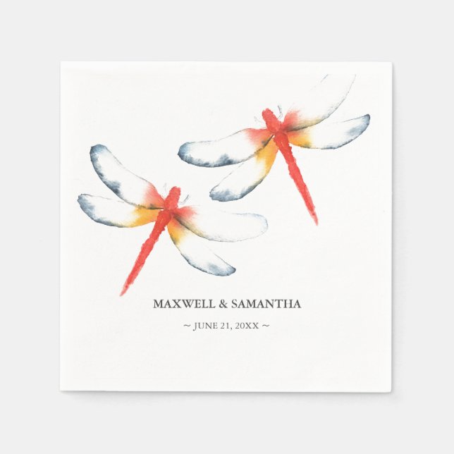 Personalized Wedding Napkins Red Dragonfly (Front)