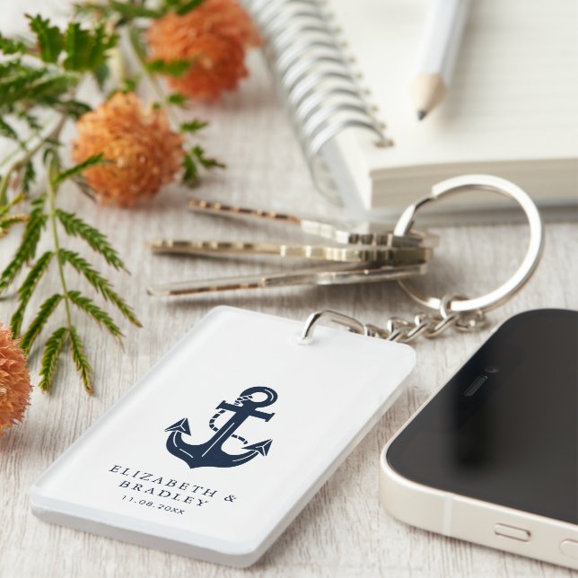 Personalized Wedding Nautical Navy Blue Anchor Keychain (Front Right)