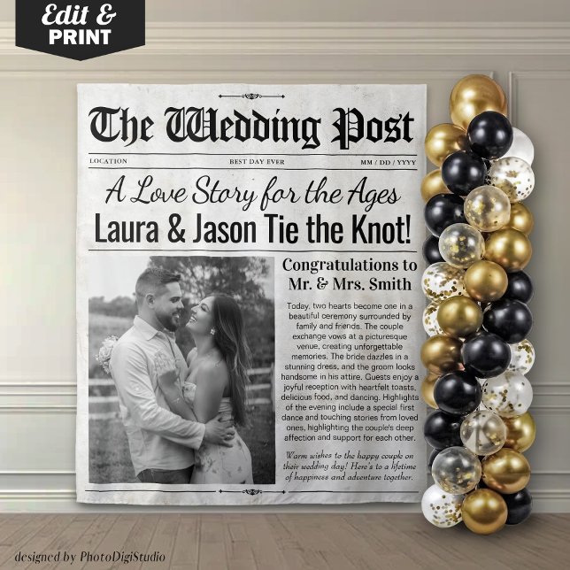 Personalized Wedding Newspaper Backdrop with Photo Tapestry (Personalized Wedding Newspaper Backdrop with Photo)
