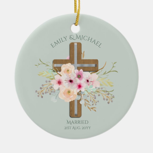Personalized Wedding or Anniversary Floral Cross Ceramic Ornament (Front)