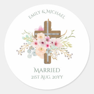 Personalized Wedding or Anniversary Floral Cross Classic Round Sticker