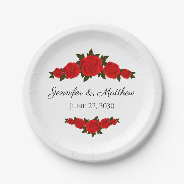 Personalized Wedding Paper Plates with Red Roses (Front)