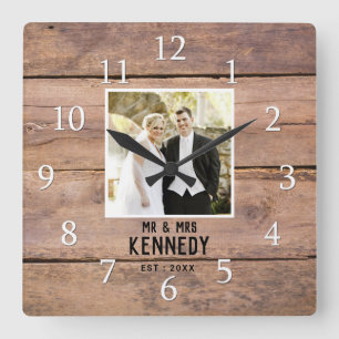 Personalized Wedding Photo Anniversary Rustic Wood Square Wall Clock