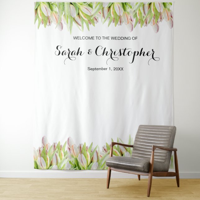 Personalized Wedding Photo Backdrop | Pink Tulips Tapestry (In Situ)