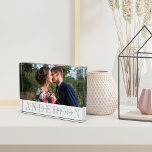 Personalized Wedding Photo Block<br><div class="desc">Elegant wedding photo block features your favourite horizontal or landscape oriented wedding photo. Your surname or family name appears beneath in chic grey with your names and wedding date overlaid on a transparent white stripe.</div>