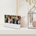 Personalized Wedding Photo Collage Block<br><div class="desc">Elegant wedding photo collage block features three favourite wedding photos aligned side by side. Your surname or family name appears beneath in chic grey with your names and wedding date overlaid on a transparent white stripe.</div>