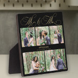 Personalized wedding photo collage Mr and Mrs Plaque<br><div class="desc">Elegant classic faux gold romantic calligraphy script Mr. and Mrs. 5 photo collage,  name and wedding date personalized black plaque.</div>