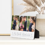 Personalized Wedding Photo Collage Plaque<br><div class="desc">Elegant wedding photo collage plaque features three vertical or portrait oriented photos aligned side by side. Your surname or family name appears beneath in chic grey with your names and wedding date overlaid on a transparent white band.</div>