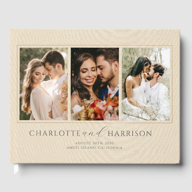 Personalized Wedding Photo Cream Faux Linen  Guest Book (Front)