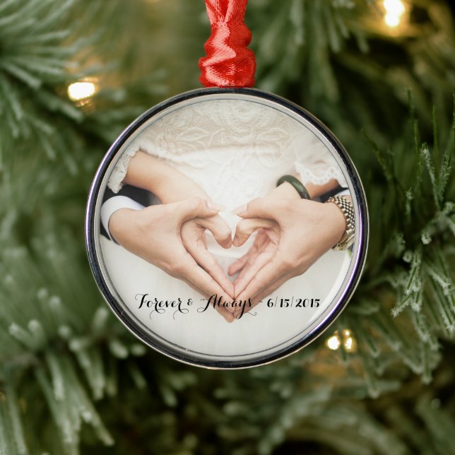Personalized Wedding Photo Forever & Always Metal Ornament (Tree)