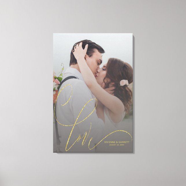 Personalized Wedding Photo Gold Love Calligraphy Canvas Print (Front)