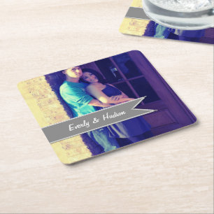 Personalized Wedding Photo Grey Modern Tag Square Paper Coaster