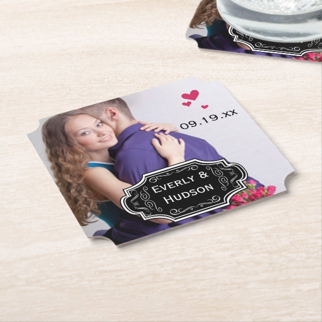 Personalized Wedding Photo Modern Tag Paper Coaster (Angled)