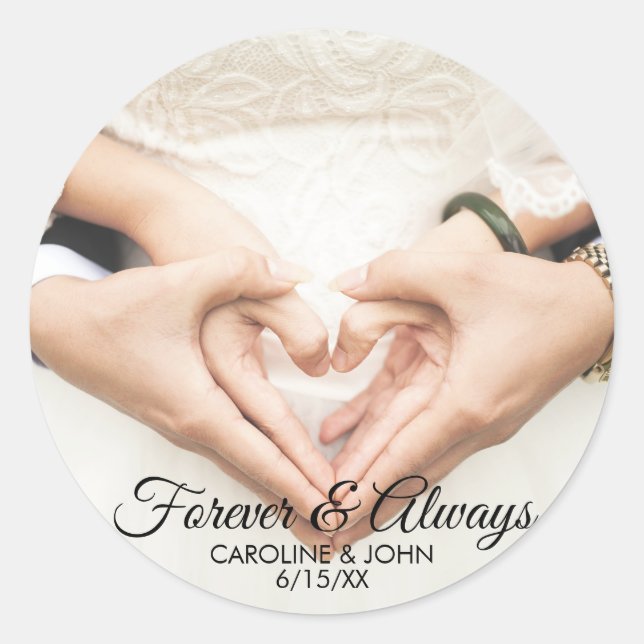 Personalized Wedding Photo Names Forever & Always Classic Round Sticker (Front)