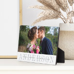 Personalized Wedding Photo Plaque<br><div class="desc">Elegant wedding photo plaque features your favourite horizontal or landscape oriented wedding photo. Your surname or family name appears beneath in chic grey with your names and wedding date overlaid on a transparent white band.</div>