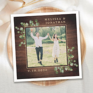 Personalized Wedding Photo Rustic Wood Greenery Napkin