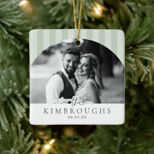Personalized Wedding Photo Sage Stripes Newlywed Ceramic Ornament