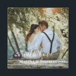 Personalized Wedding Photo With Modern Calligraphy Magnet<br><div class="desc">The design has white rectangular frame on the lower side and modern calligraphy texts which can be customized to your preference. Replace the picture in the centre with your own wedding photo. It will make a lovely custom made wedding favour gifts for your guests or for your own keepsake.</div>