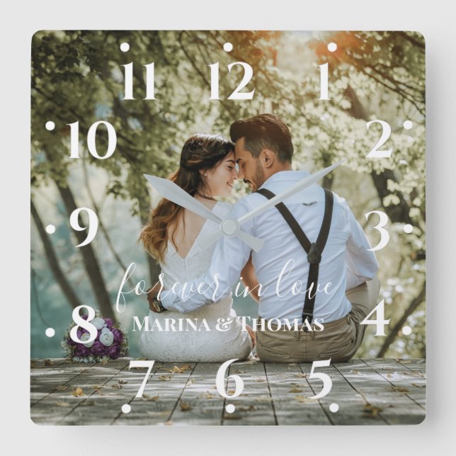 Personalized Wedding Photo With Modern Calligraphy Square Wall Clock (Front)