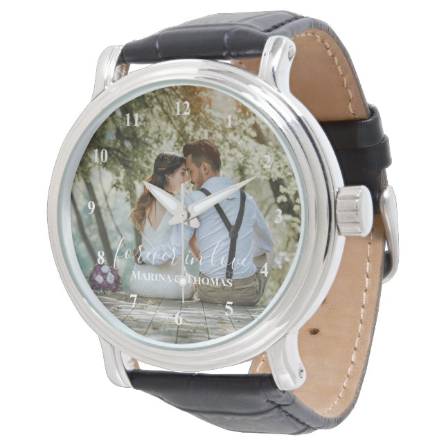 Personalized Wedding Photo With Modern Calligraphy Watch (Angled)